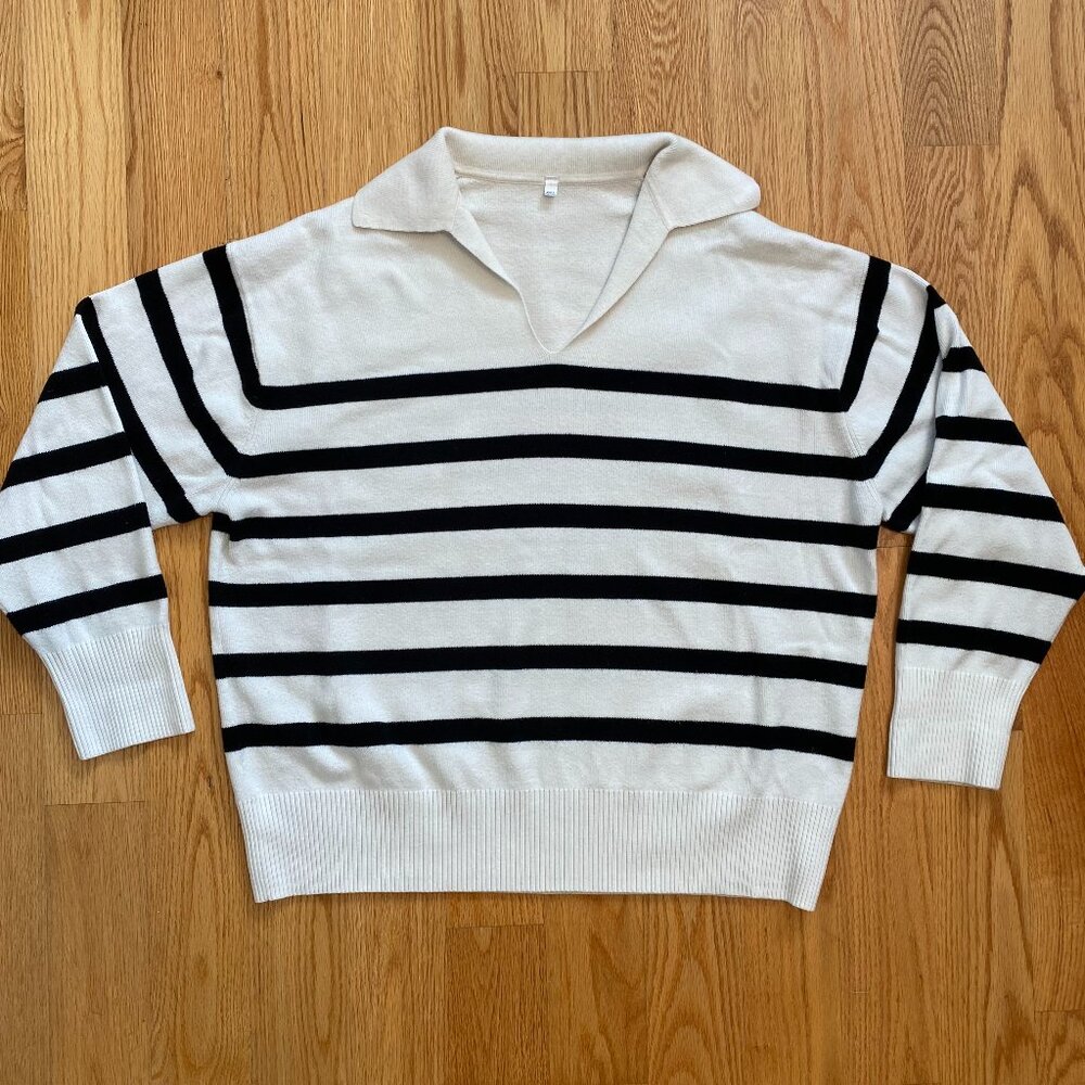 Muji skipper polo sweater • black & white striped collared sweater boxy